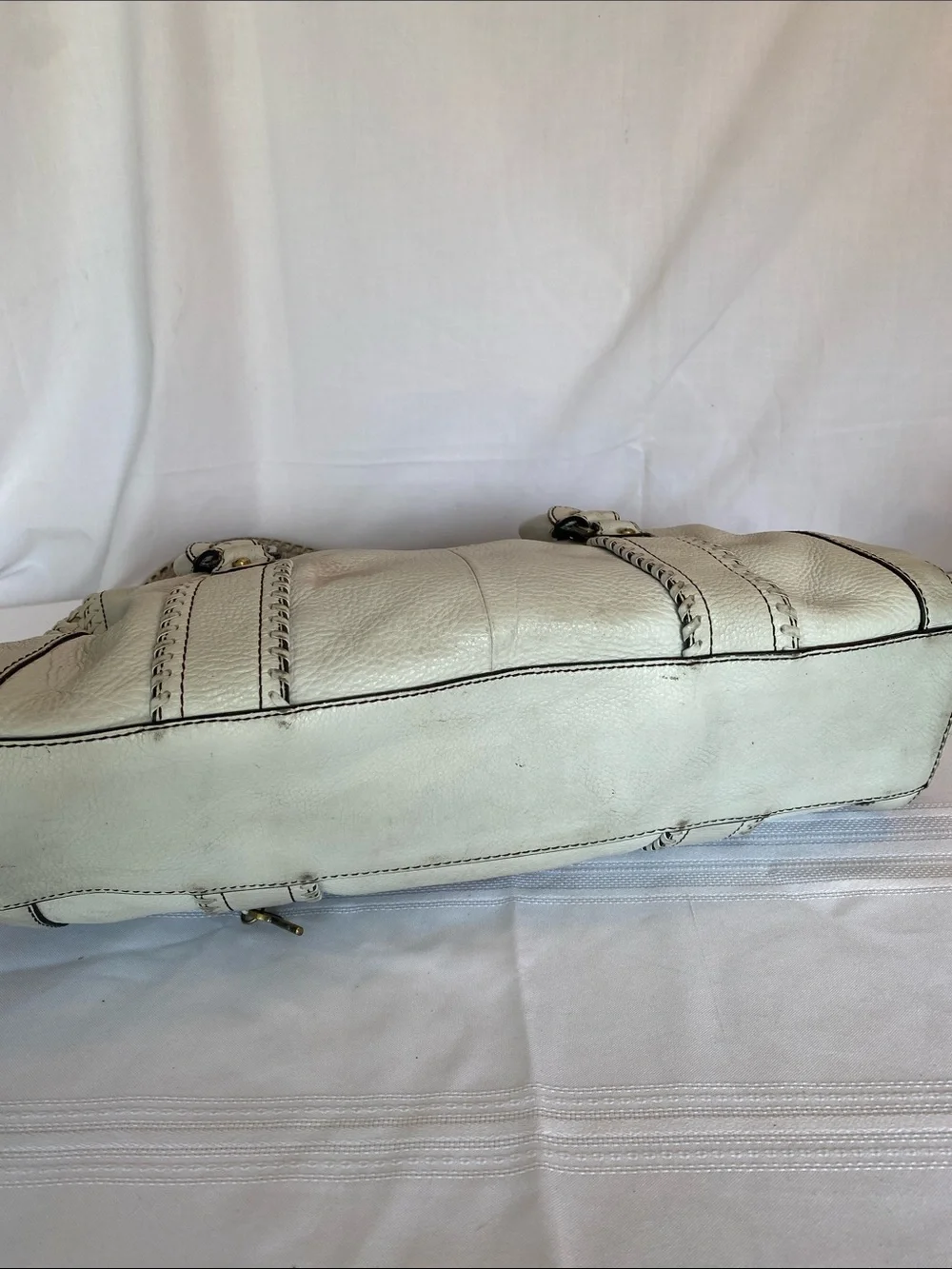 Vintage Cole Haan Cream Leather Satchel with Gold Hardware and Woven Side Panels